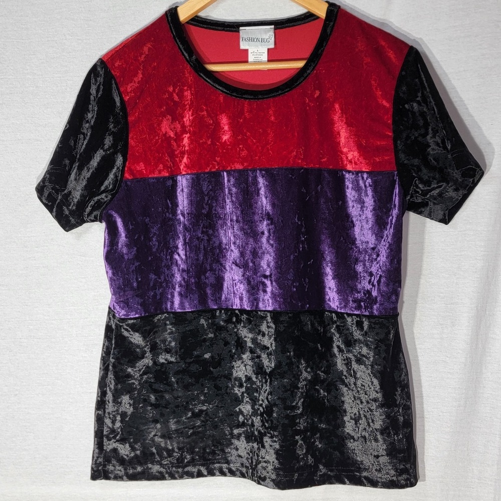 Vintage Y2K Fashion Bug Short Sleeve Velour Crushed Velvet Sz L 3 Blk Red Purple